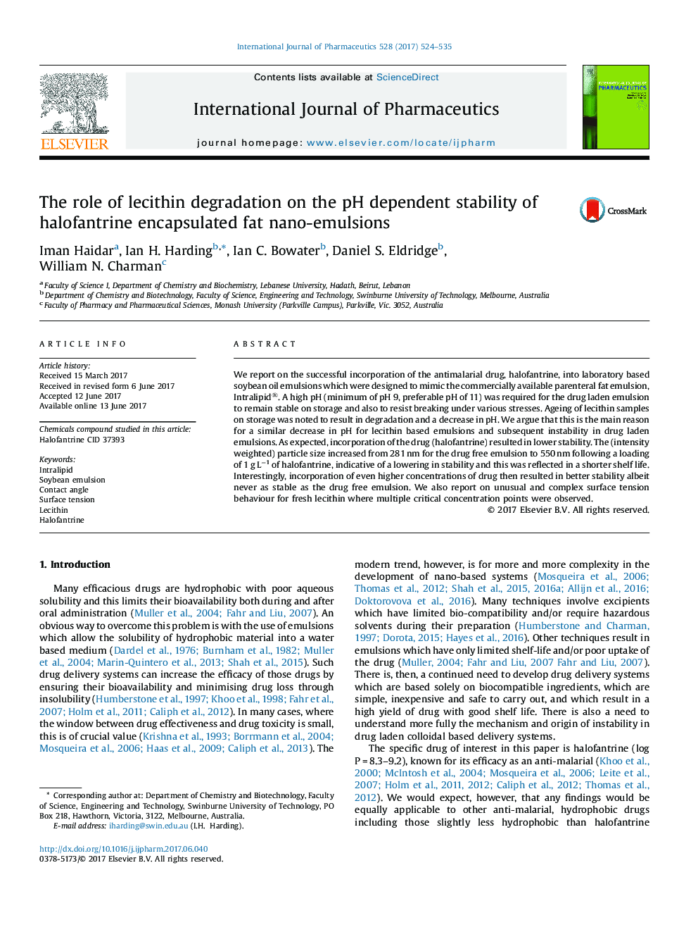 The role of lecithin degradation on the pH dependent stability of halofantrine encapsulated fat nano-emulsions