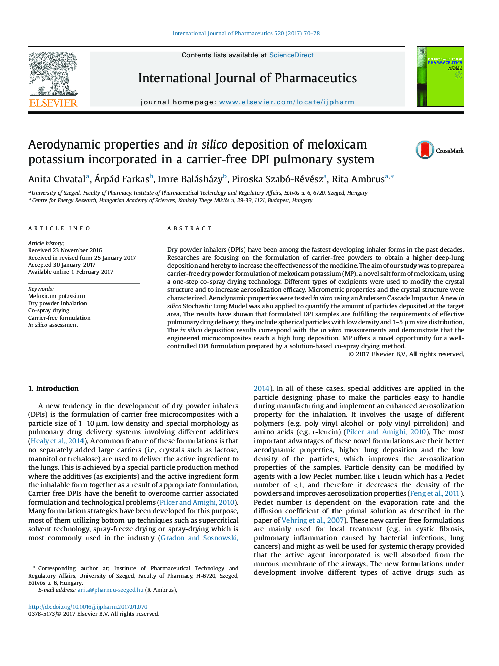 Aerodynamic properties and in silico deposition of meloxicam potassium incorporated in a carrier-free DPI pulmonary system