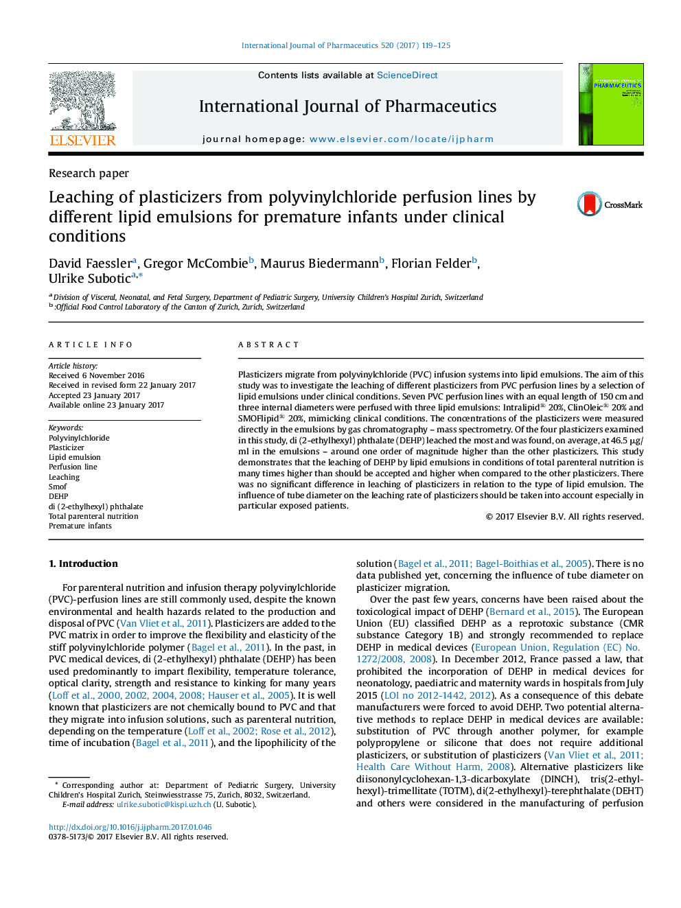 Leaching of plasticizers from polyvinylchloride perfusion lines by different lipid emulsions for premature infants under clinical conditions