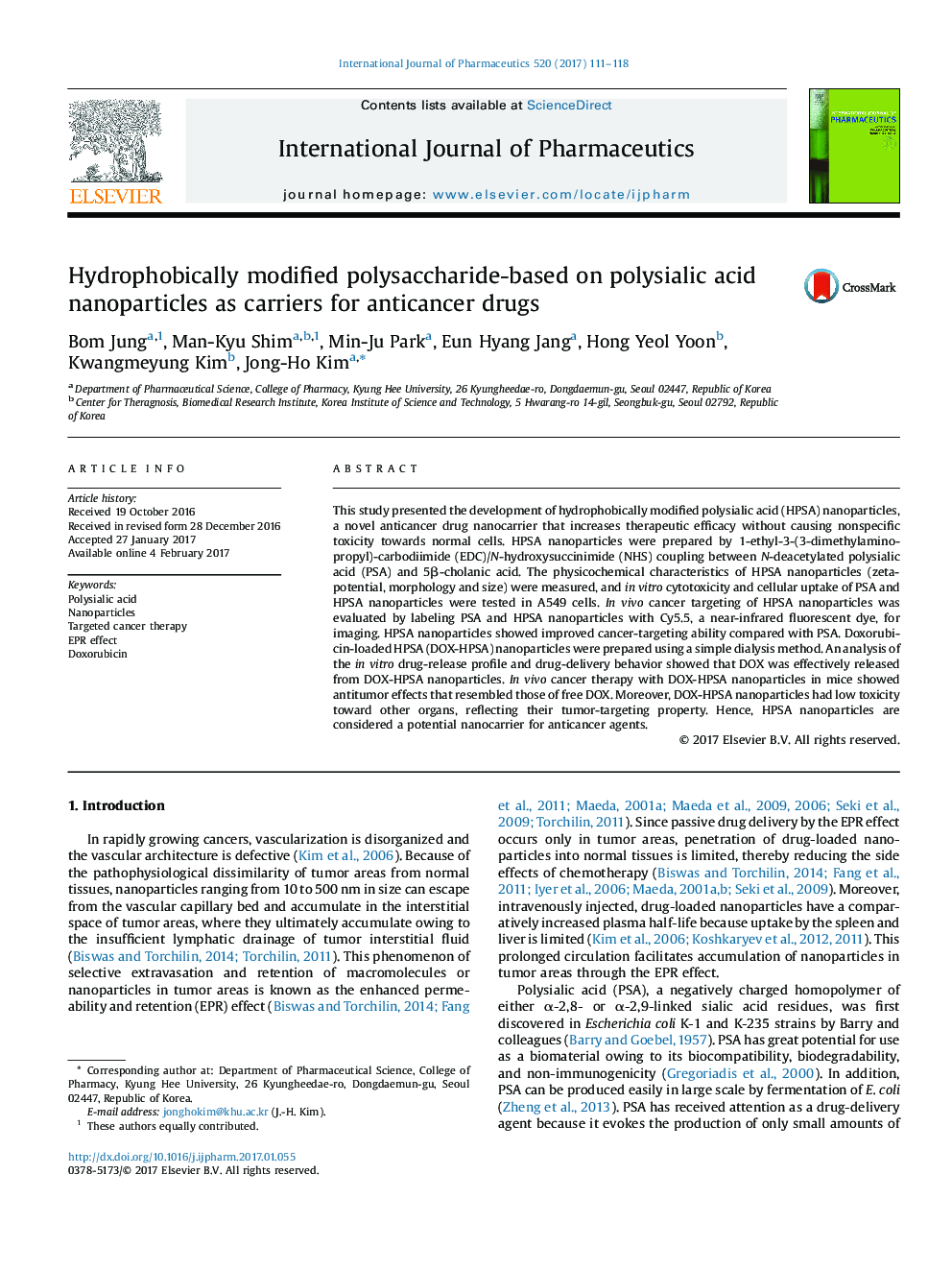 Hydrophobically modified polysaccharide-based on polysialic acid nanoparticles as carriers for anticancer drugs