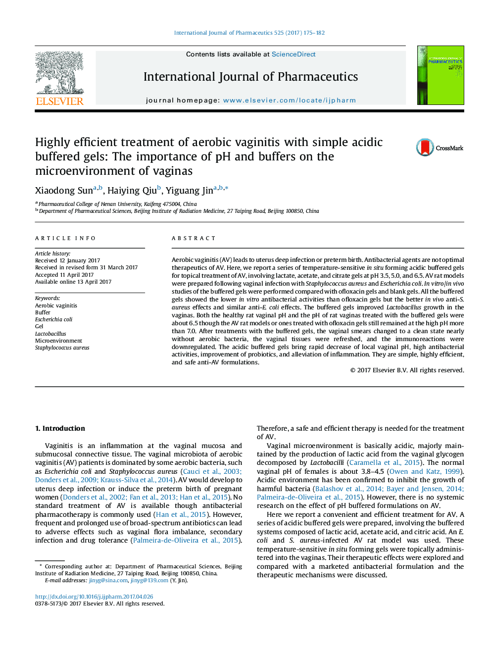 Highly efficient treatment of aerobic vaginitis with simple acidic buffered gels: The importance of pH and buffers on the microenvironment of vaginas