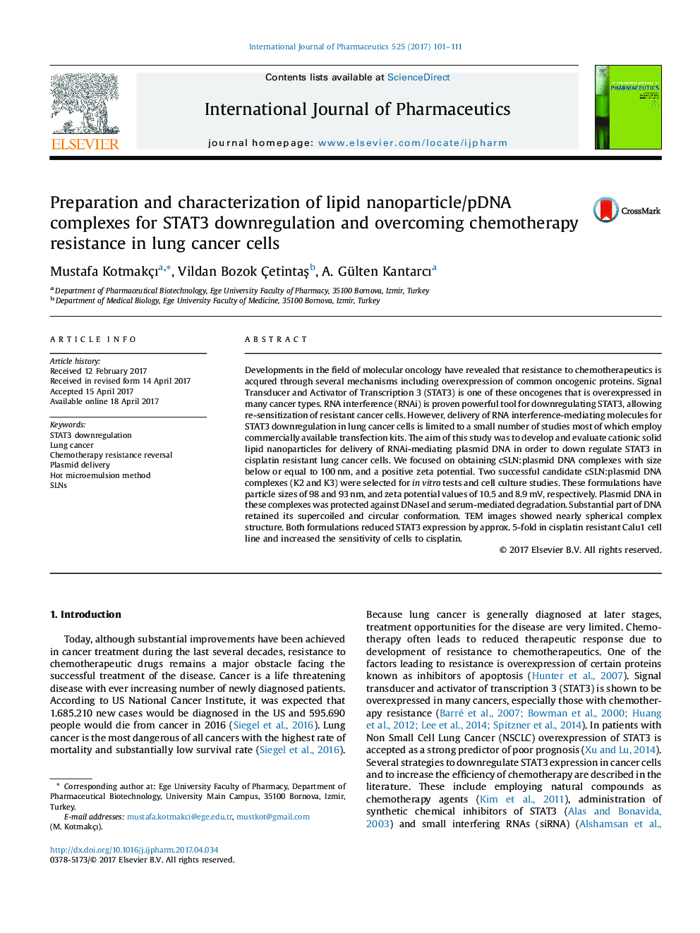 Preparation and characterization of lipid nanoparticle/pDNA complexes for STAT3 downregulation and overcoming chemotherapy resistance in lung cancer cells