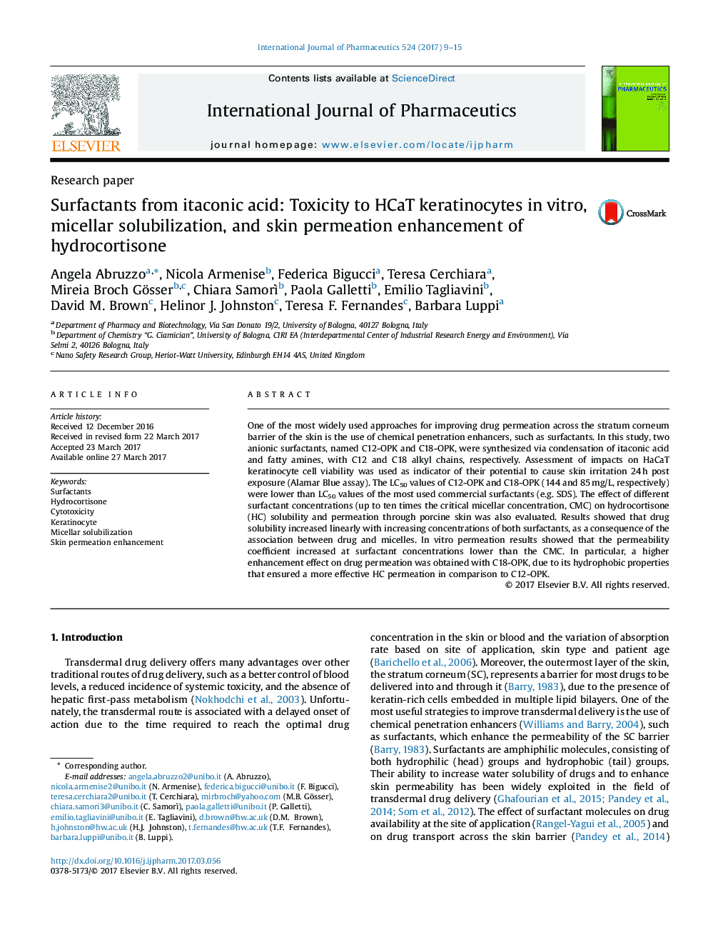 Surfactants from itaconic acid: Toxicity to HaCaT keratinocytes in vitro, micellar solubilization, and skin permeation enhancement of hydrocortisone
