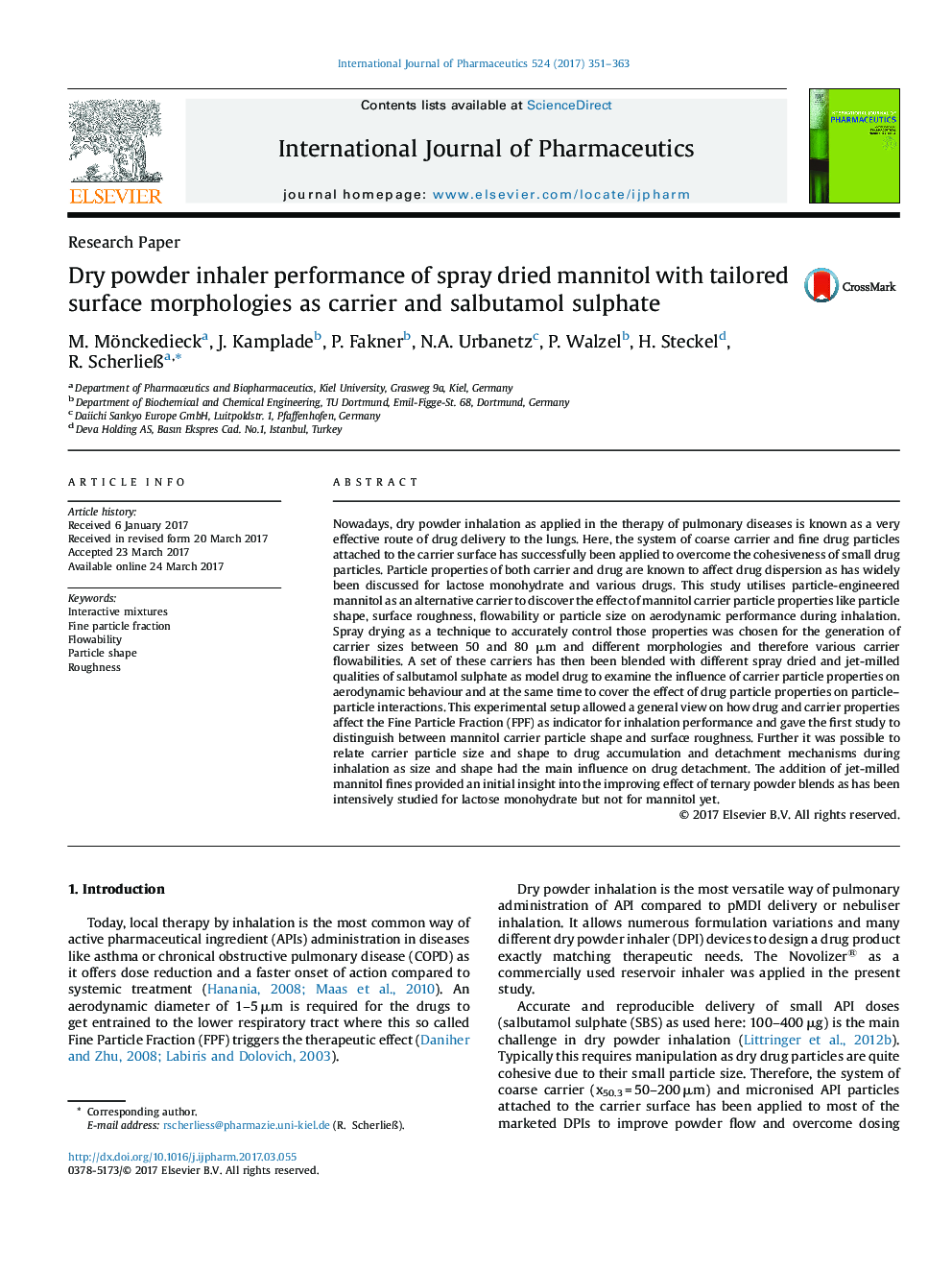 Dry powder inhaler performance of spray dried mannitol with tailored surface morphologies as carrier and salbutamol sulphate