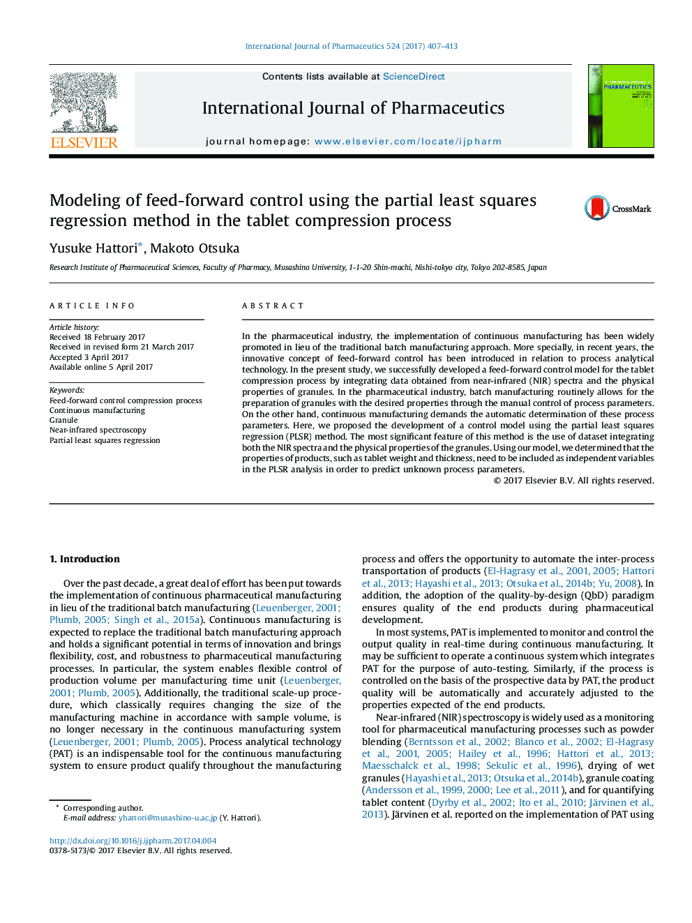 Modeling of feed-forward control using the partial least squares regression method in the tablet compression process