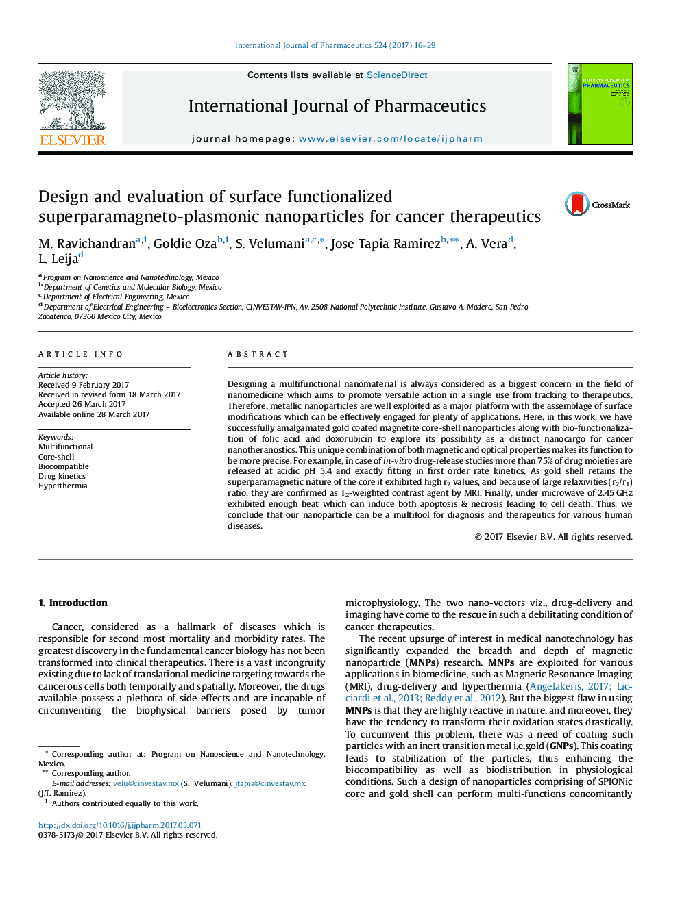 Design and evaluation of surface functionalized superparamagneto-plasmonic nanoparticles for cancer therapeutics