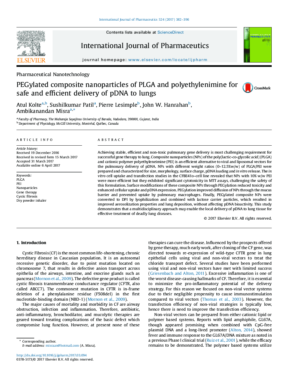 PEGylated composite nanoparticles of PLGA and polyethylenimine for safe and efficient delivery of pDNA to lungs