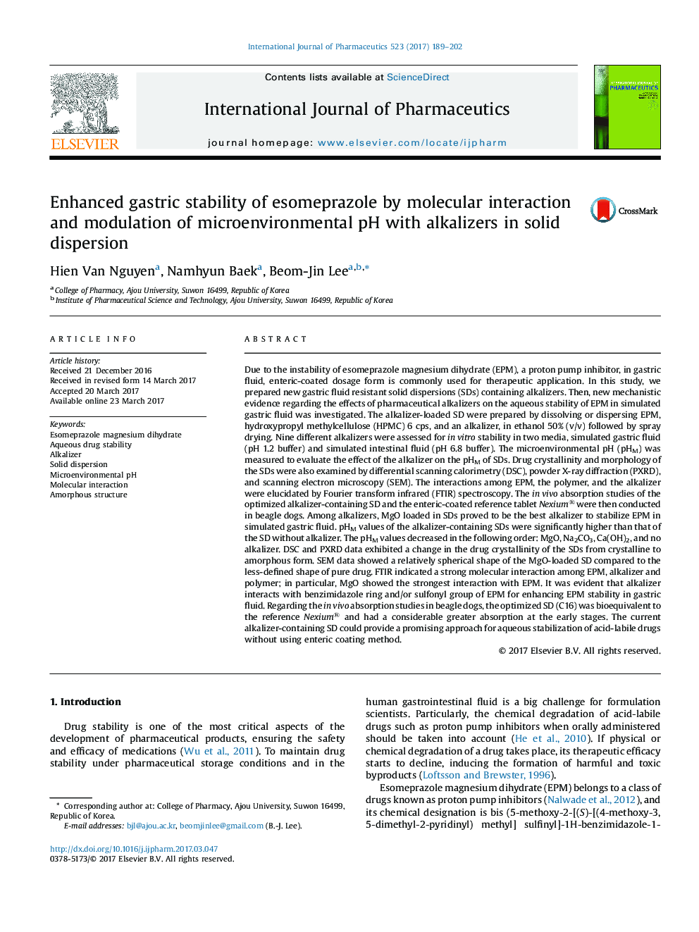 Enhanced gastric stability of esomeprazole by molecular interaction and modulation of microenvironmental pH with alkalizers in solid dispersion