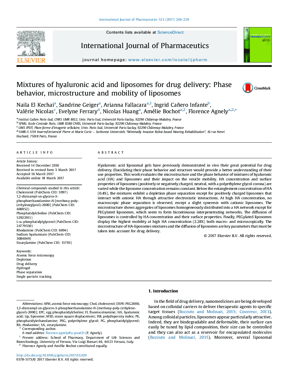 مخلوط اسید هیالورونیک و لیپوزوم برای تحویل دارو: رفتار فاز، ریزساختار و تحرک لیپوزوم 