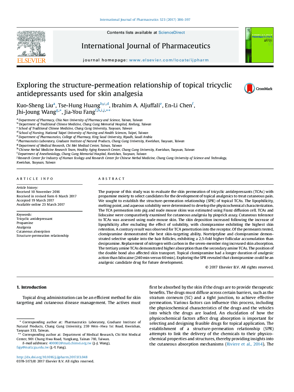 Exploring the structure-permeation relationship of topical tricyclic antidepressants used for skin analgesia