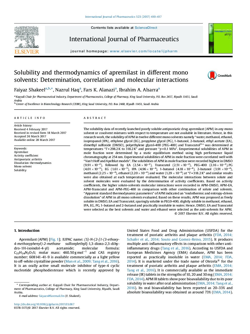 Solubility and thermodynamics of apremilast in different mono solvents: Determination, correlation and molecular interactions