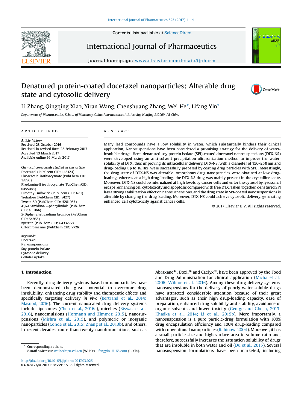 Denatured protein-coated docetaxel nanoparticles: Alterable drug state and cytosolic delivery