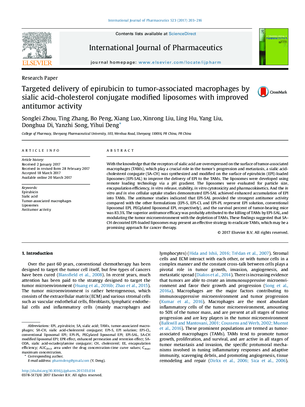 Targeted delivery of epirubicin to tumor-associated macrophages by sialic acid-cholesterol conjugate modified liposomes with improved antitumor activity