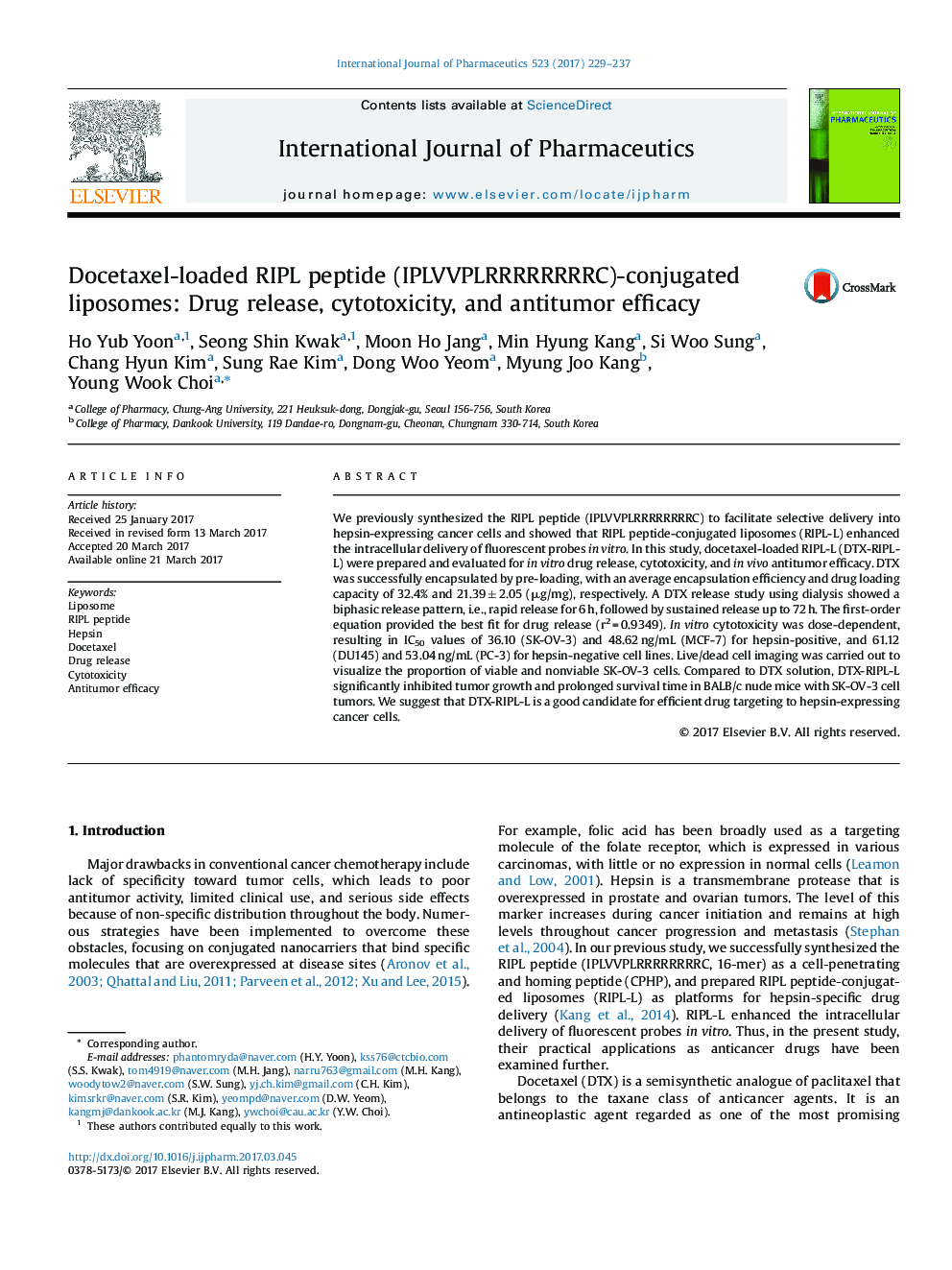 Docetaxel-loaded RIPL peptide (IPLVVPLRRRRRRRRC)-conjugated liposomes: Drug release, cytotoxicity, and antitumor efficacy