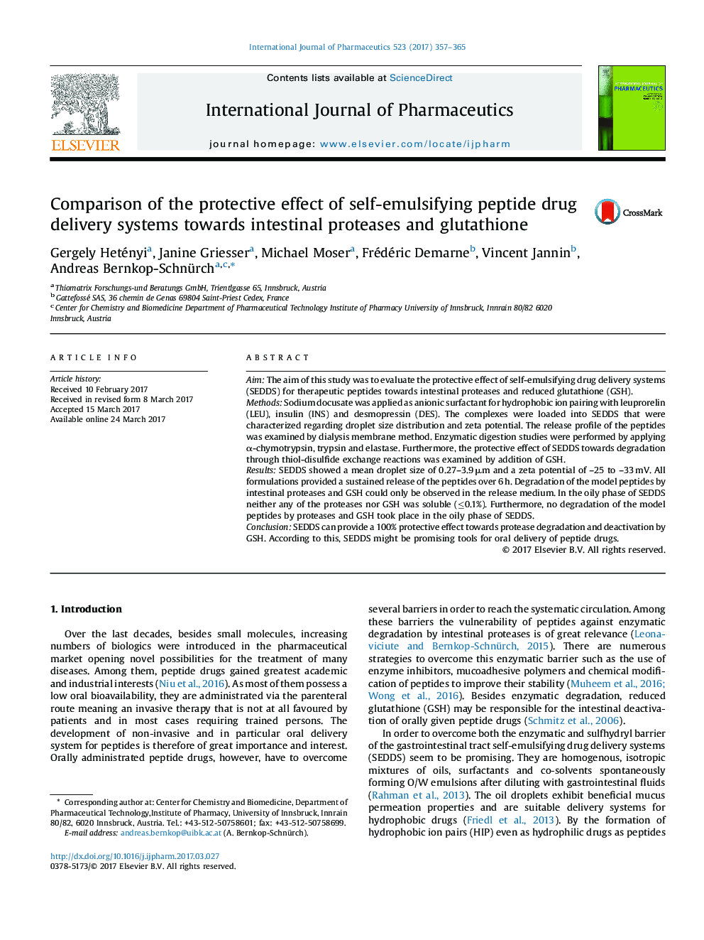 Comparison of the protective effect of self-emulsifying peptide drug delivery systems towards intestinal proteases and glutathione