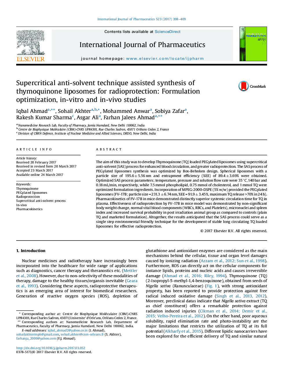 Supercritical anti-solvent technique assisted synthesis of thymoquinone liposomes for radioprotection: Formulation optimization, in-vitro and in-vivo studies