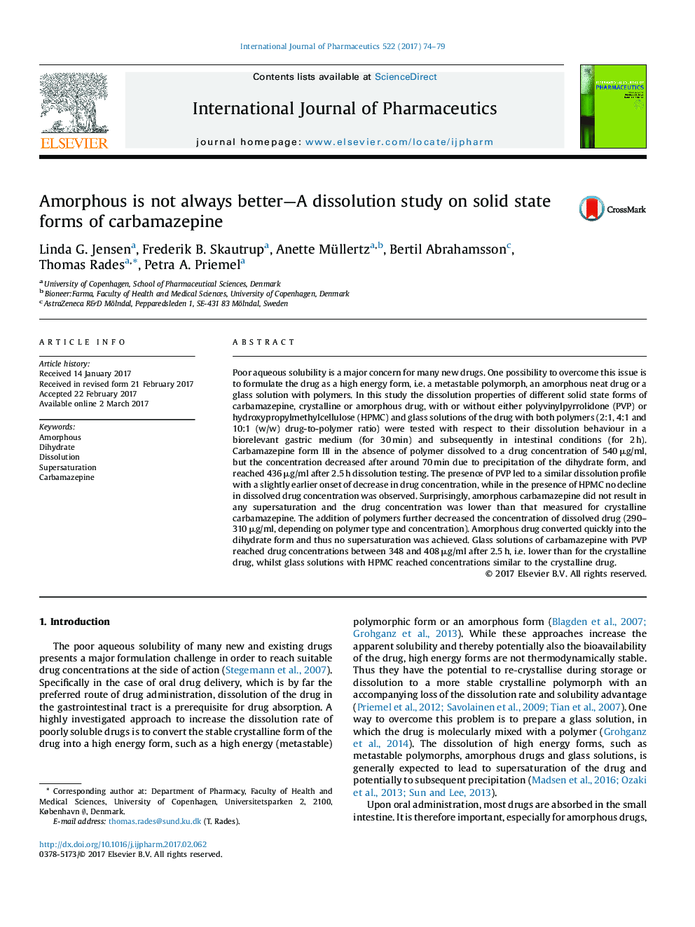 Amorphous is not always better-A dissolution study on solid state forms of carbamazepine