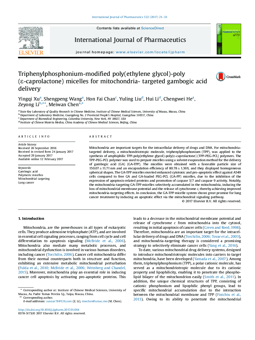 Triphenylphosphonium-modified poly(ethylene glycol)-poly(Îµ-caprolactone) micelles for mitochondria- targeted gambogic acid delivery