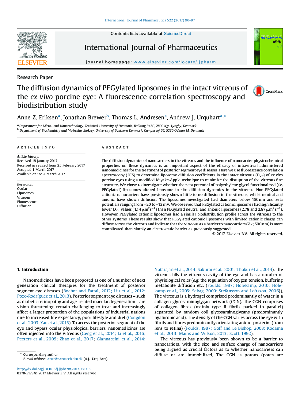 The diffusion dynamics of PEGylated liposomes in the intact vitreous of the ex vivo porcine eye: A fluorescence correlation spectroscopy and biodistribution study