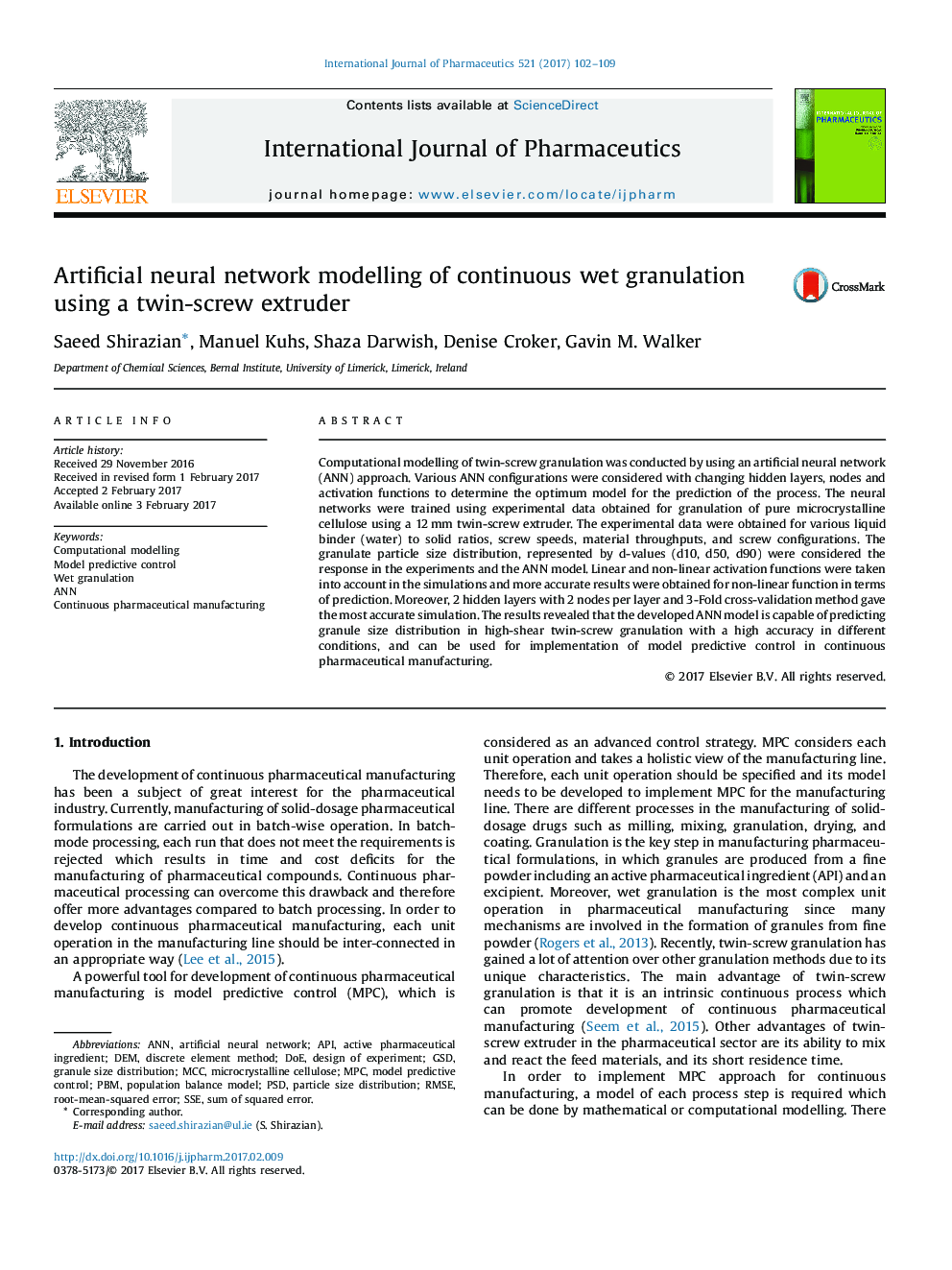 Artificial neural network modelling of continuous wet granulation using a twin-screw extruder