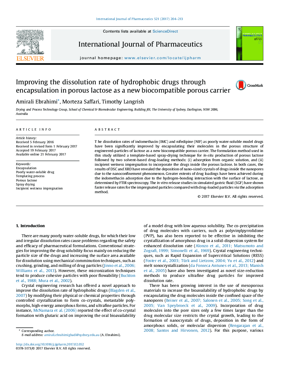 Improving the dissolution rate of hydrophobic drugs through encapsulation in porous lactose as a new biocompatible porous carrier