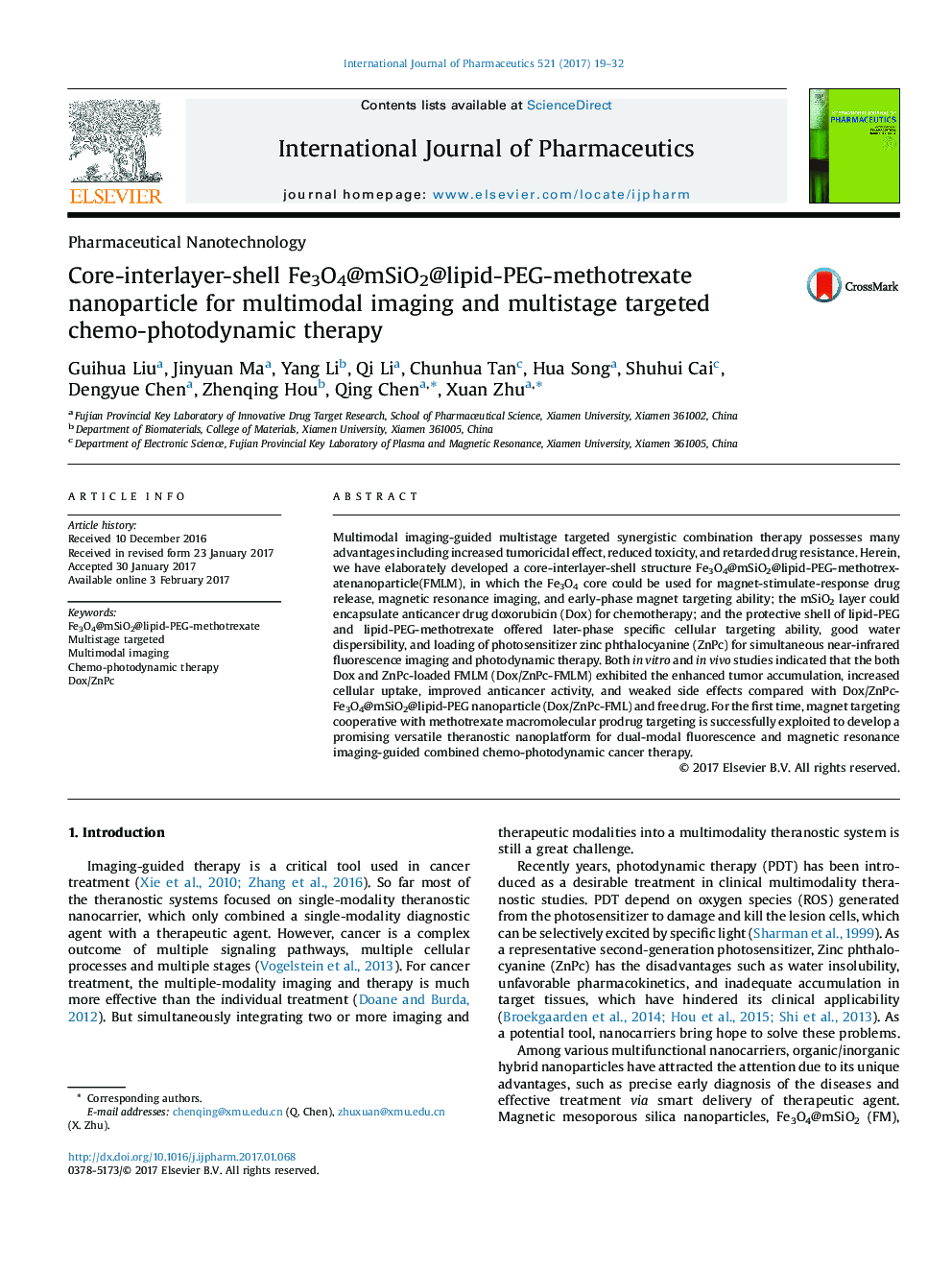 Core-interlayer-shell Fe3O4@mSiO2@lipid-PEG-methotrexate nanoparticle for multimodal imaging and multistage targeted chemo-photodynamic therapy