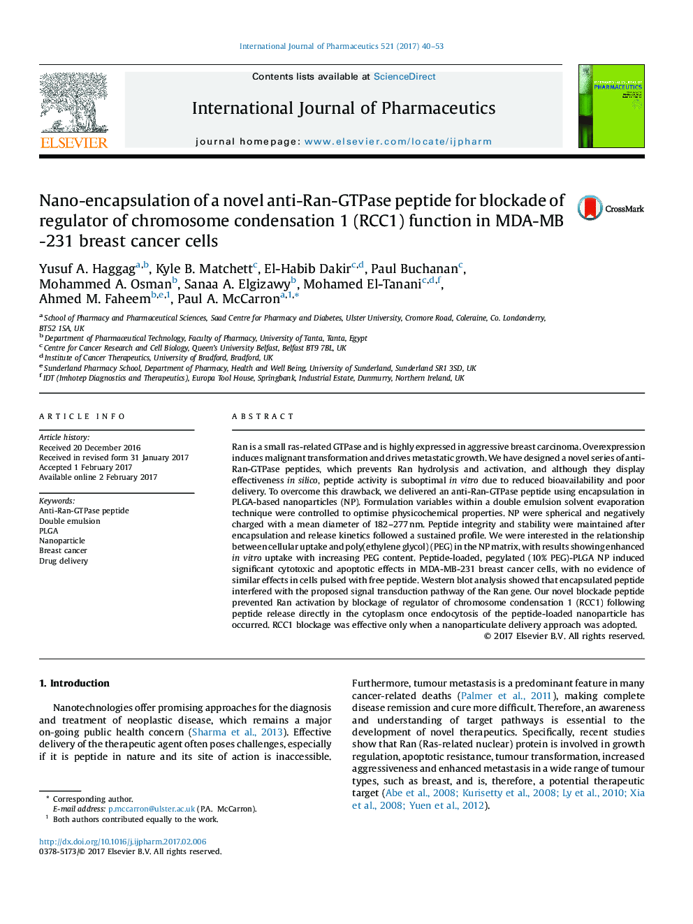 Nano-encapsulation of a novel anti-Ran-GTPase peptide for blockade of regulator of chromosome condensation 1 (RCC1) function in MDA-MB-231 breast cancer cells