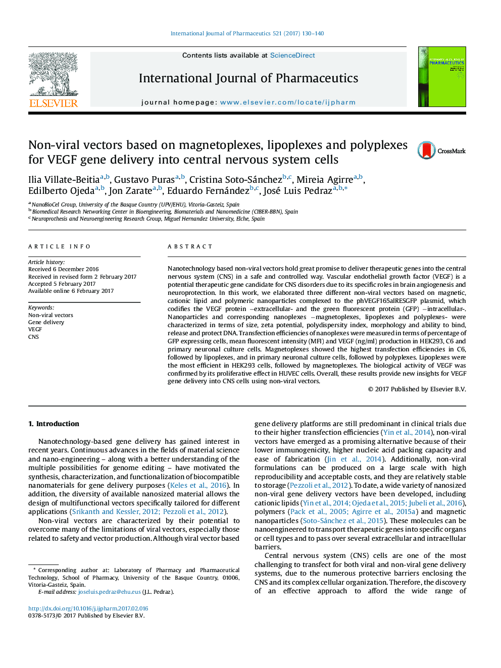 Non-viral vectors based on magnetoplexes, lipoplexes and polyplexes for VEGF gene delivery into central nervous system cells