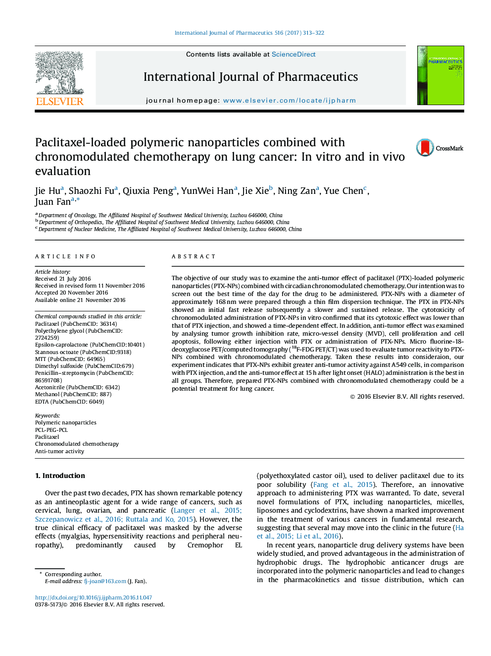 Paclitaxel-loaded polymeric nanoparticles combined with chronomodulated chemotherapy on lung cancer: In vitro and in vivo evaluation