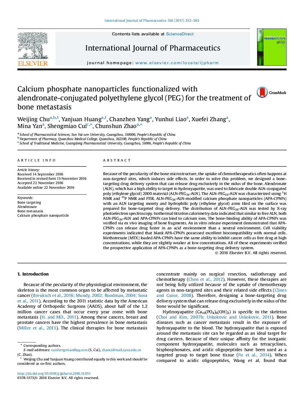 Calcium phosphate nanoparticles functionalized with alendronate-conjugated polyethylene glycol (PEG) for the treatment of bone metastasis