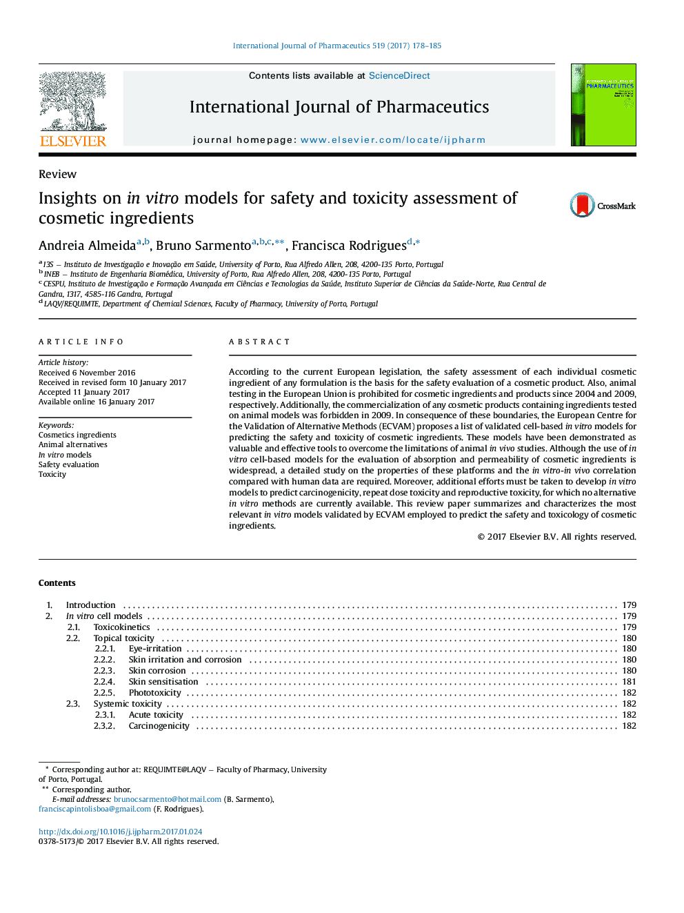 Insights on in vitro models for safety and toxicity assessment of cosmetic ingredients