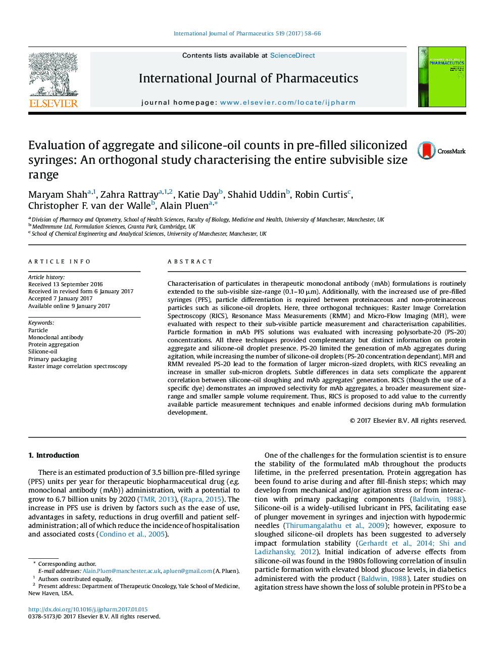 Evaluation of aggregate and silicone-oil counts in pre-filled siliconized syringes: An orthogonal study characterising the entire subvisible size range