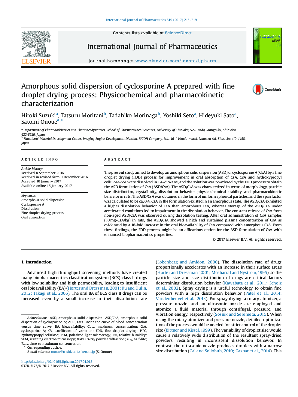 Amorphous solid dispersion of cyclosporine A prepared with fine droplet drying process: Physicochemical and pharmacokinetic characterization