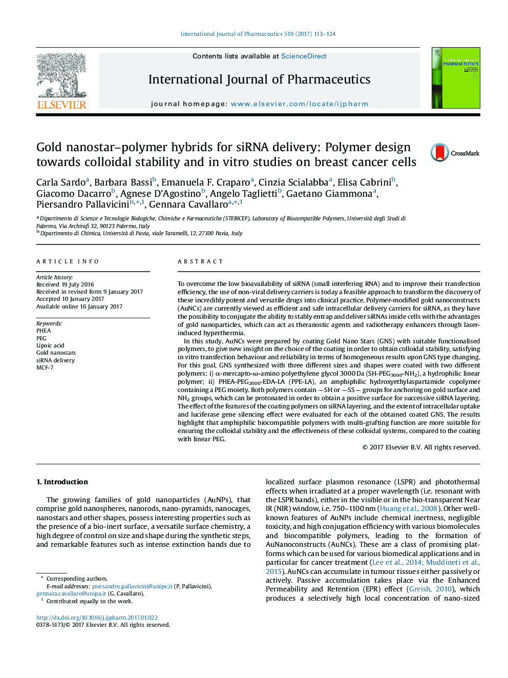 عکس صفحه اول مقاله: Gold nanostar-polymer hybrids for siRNA delivery: Polymer design towards colloidal stability and in vitro studies on breast cancer cells Gold nanostar-polymer hybrids for siRNA delivery: Polymer design towards colloidal stability and in vitro studies on breast cancer cells