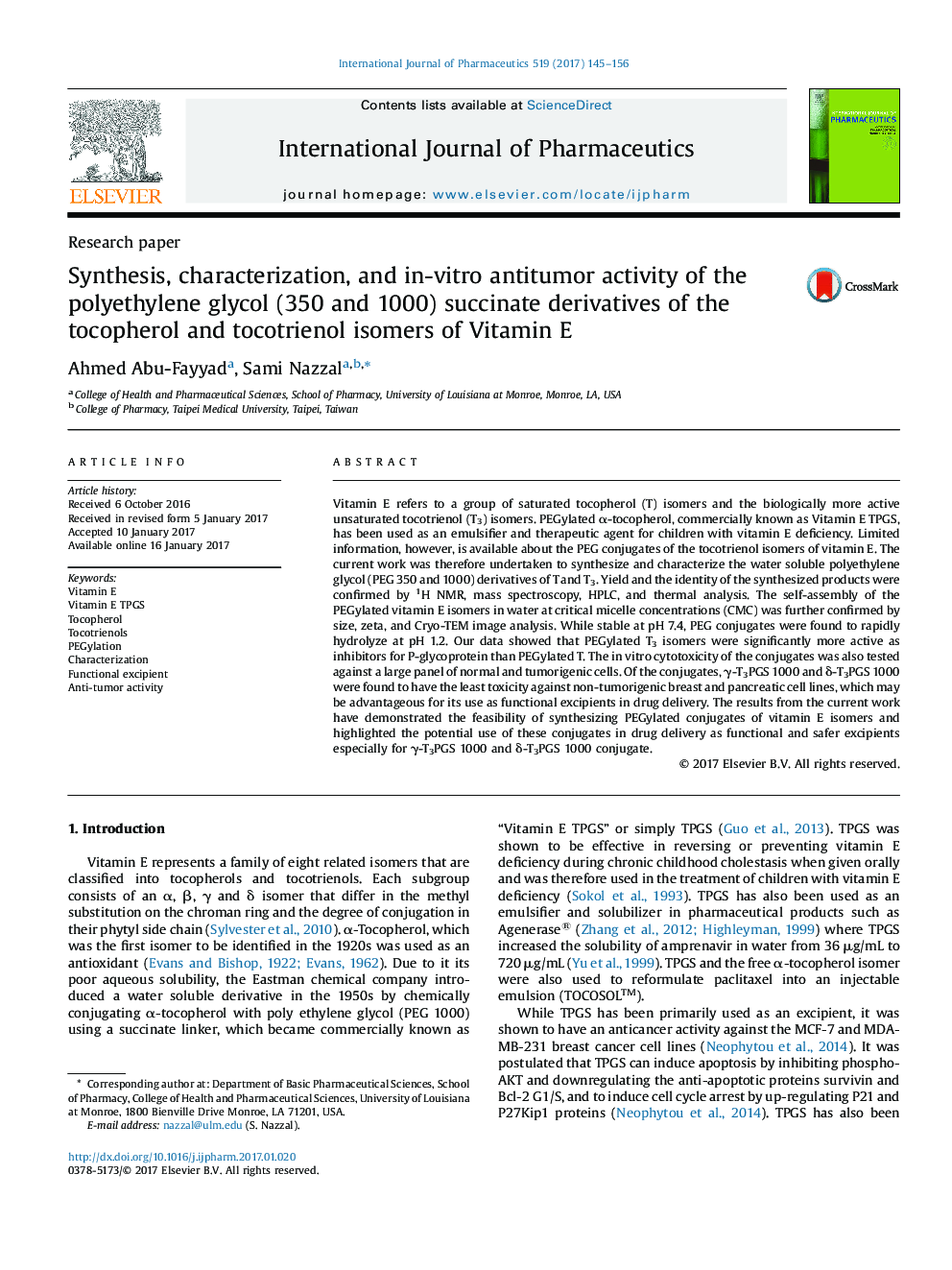 Synthesis, characterization, and in-vitro antitumor activity of the polyethylene glycol (350 and 1000) succinate derivatives of the tocopherol and tocotrienol isomers of Vitamin E