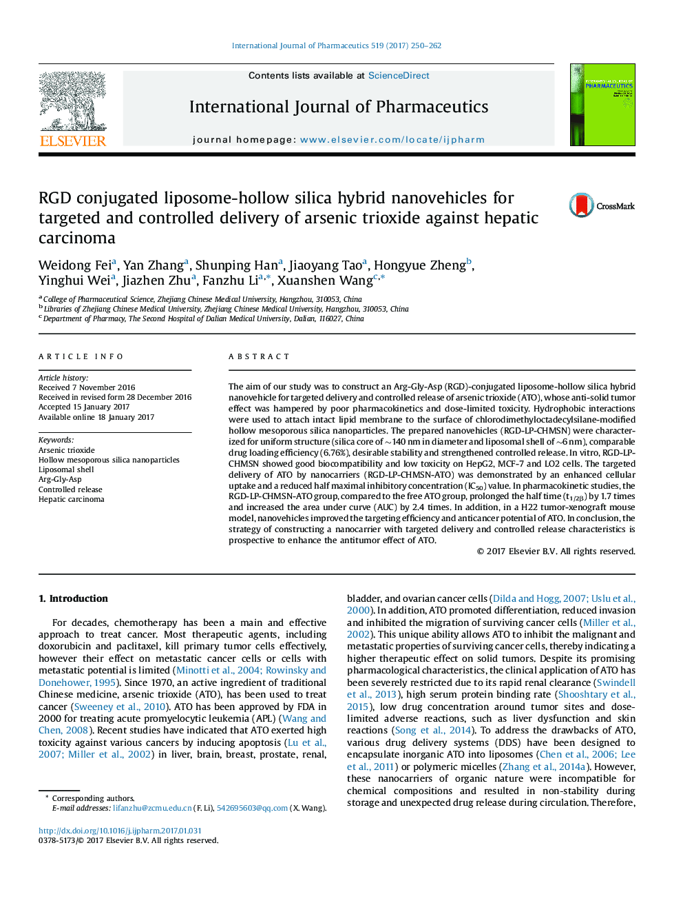 RGD conjugated liposome-hollow silica hybrid nanovehicles for targeted and controlled delivery of arsenic trioxide against hepatic carcinoma