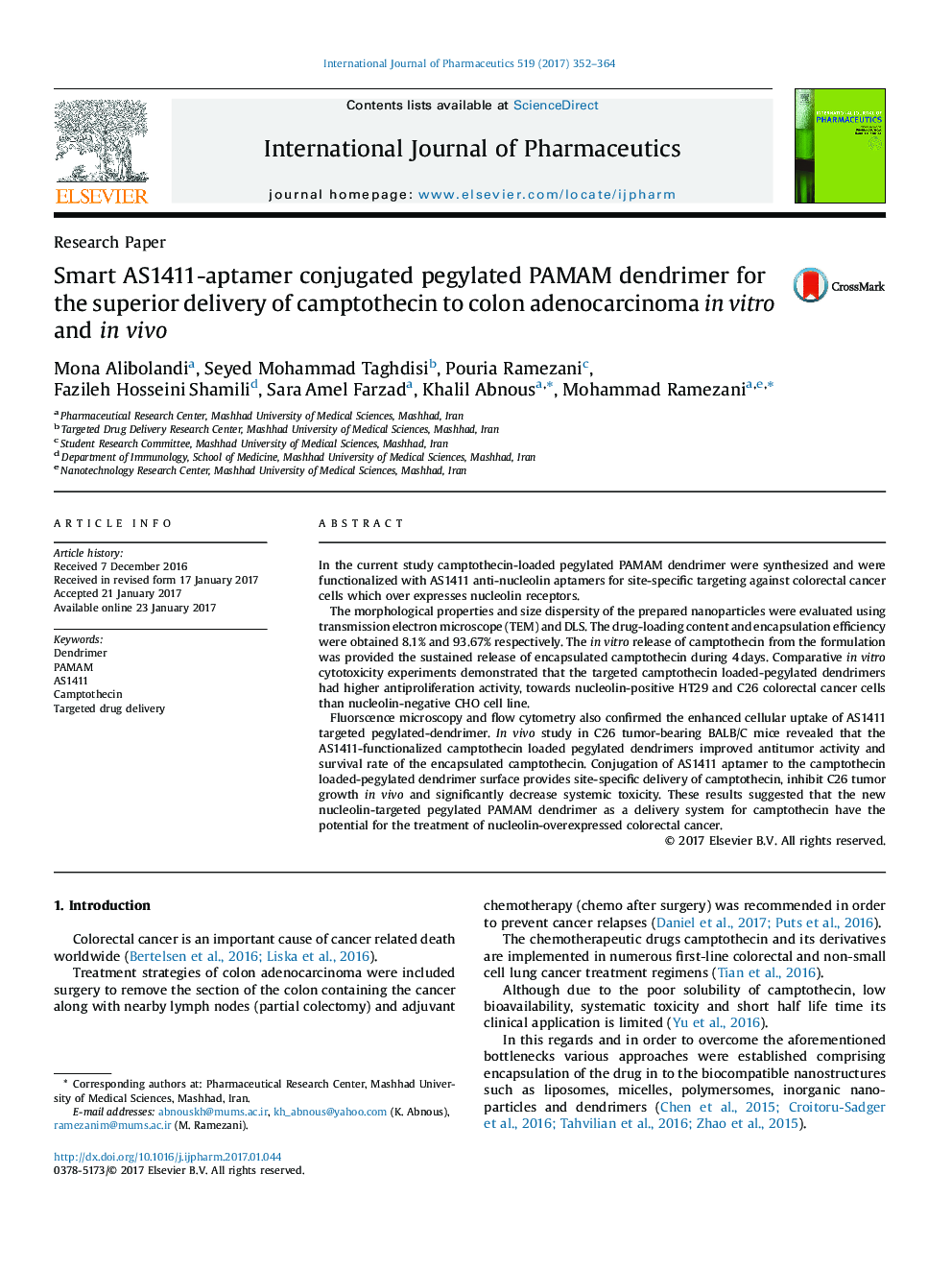 Smart AS1411-aptamer conjugated pegylated PAMAM dendrimer for the superior delivery of camptothecin to colon adenocarcinoma in vitro and in vivo