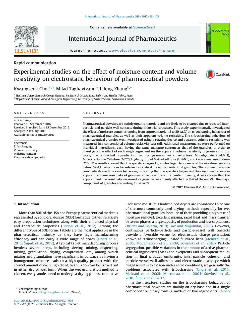 Experimental studies on the effect of moisture content and volume resistivity on electrostatic behaviour of pharmaceutical powders