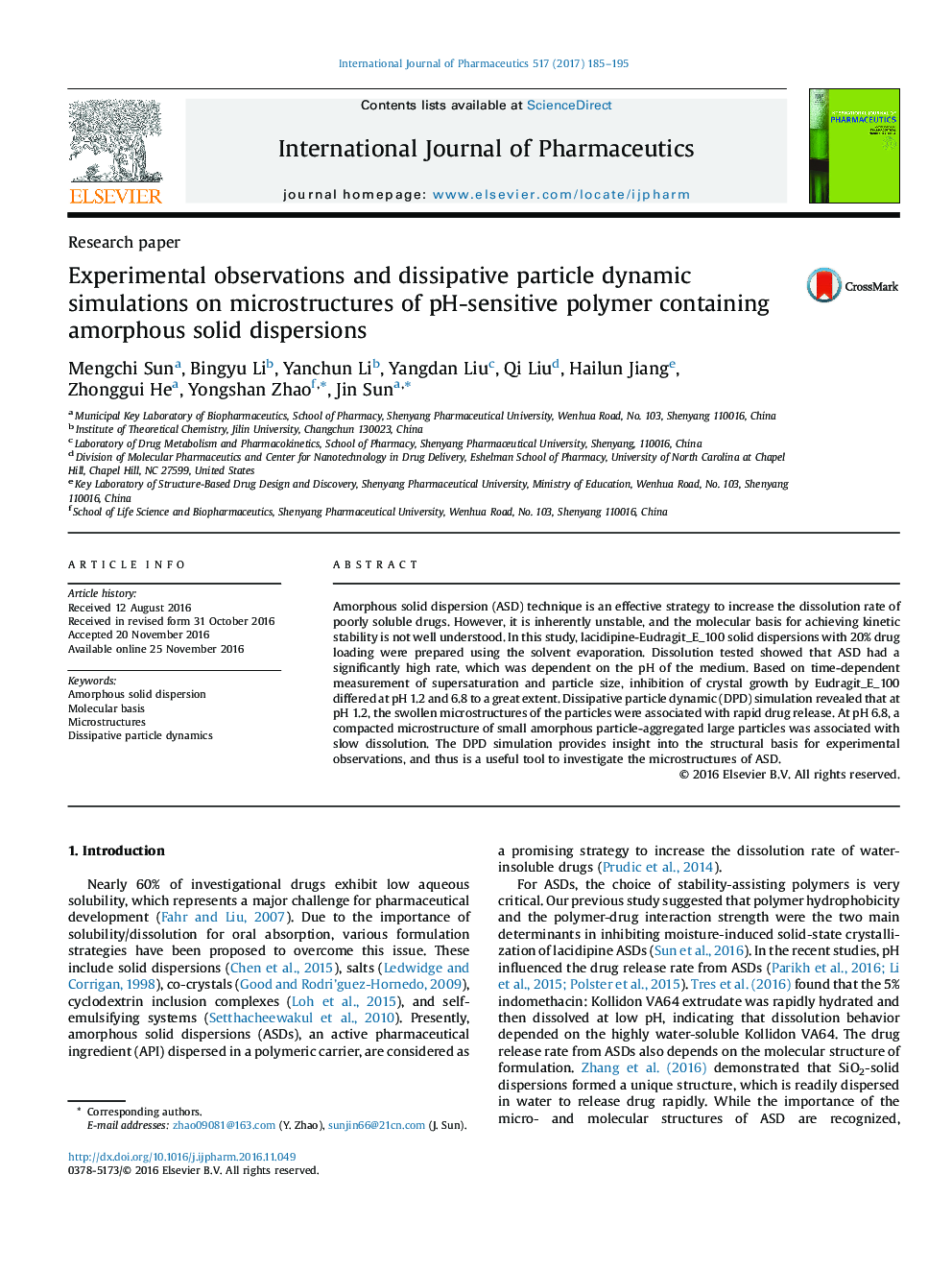 Experimental observations and dissipative particle dynamic simulations on microstructures of pH-sensitive polymer containing amorphous solid dispersions