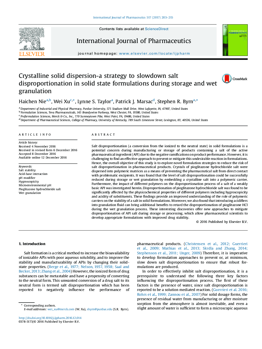 Crystalline solid dispersion-a strategy to slowdown salt disproportionation in solid state formulations during storage and wet granulation