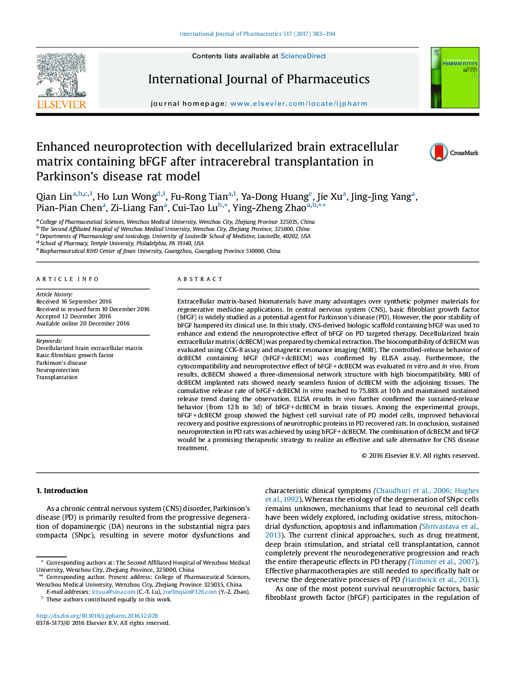 Enhanced neuroprotection with decellularized brain extracellular matrix containing bFGF after intracerebral transplantation in Parkinson's disease rat model