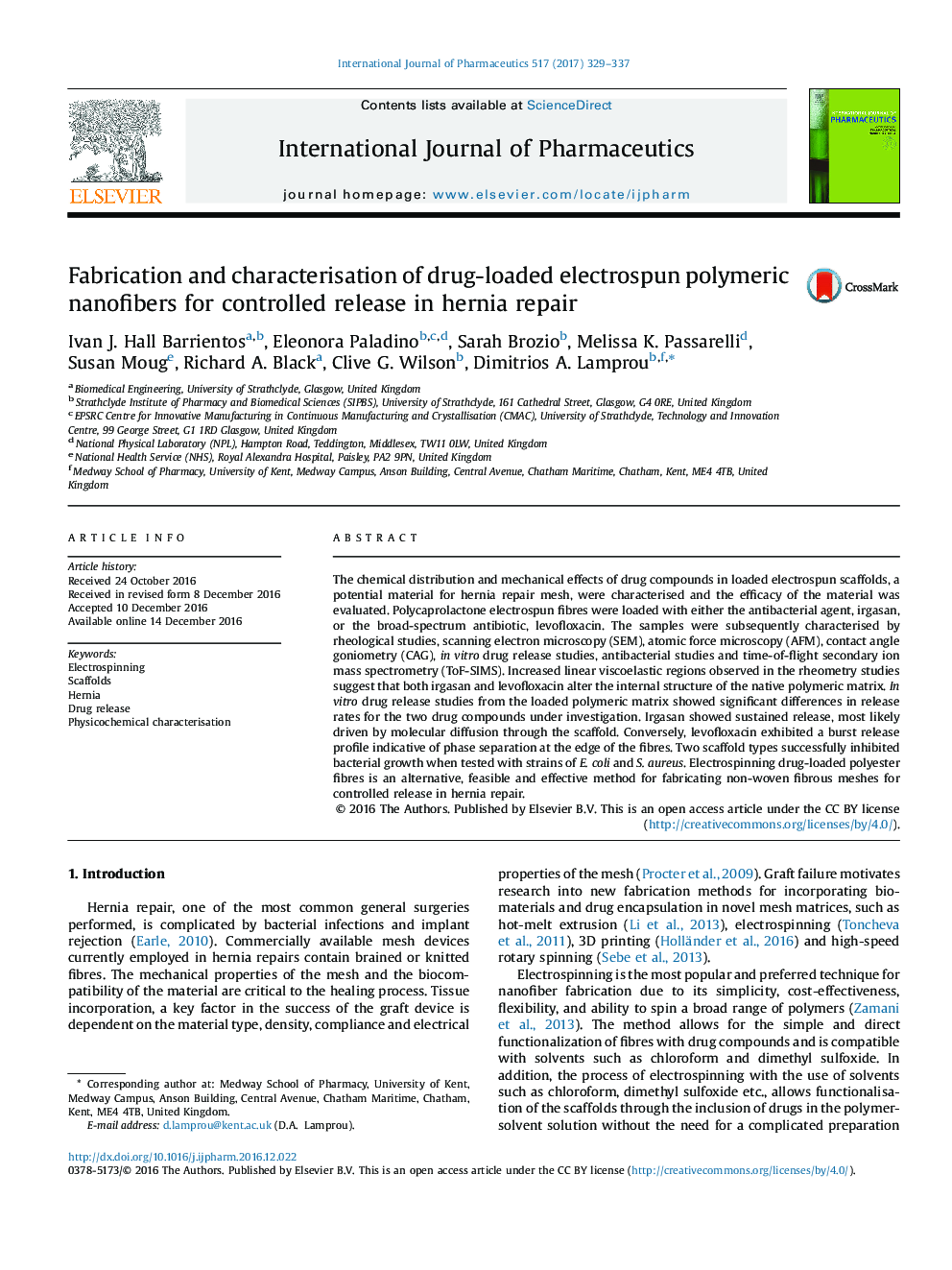 Fabrication and characterisation of drug-loaded electrospun polymeric nanofibers for controlled release in hernia repair