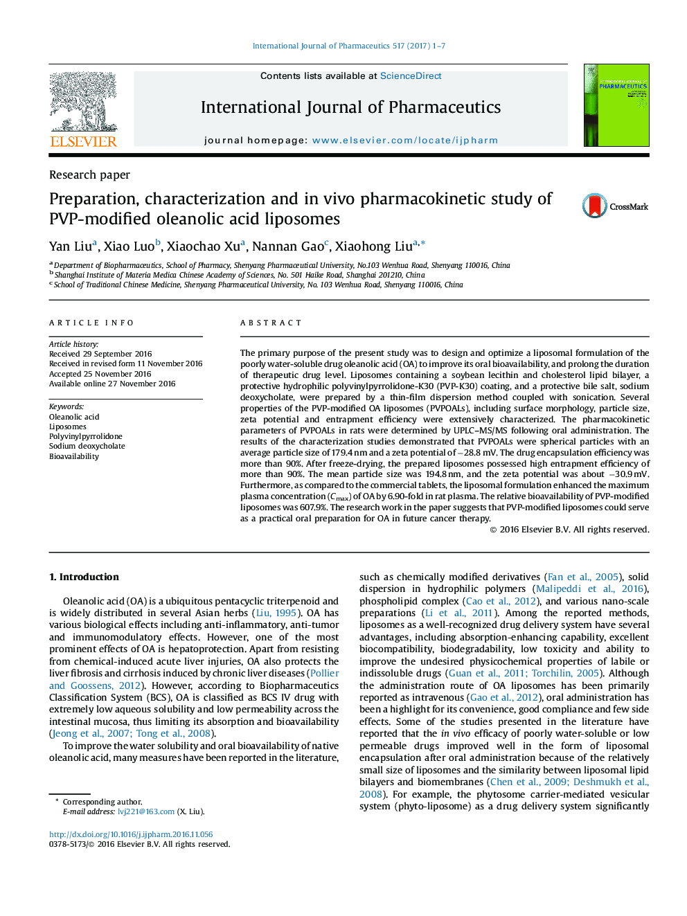 Preparation, characterization and in vivo pharmacokinetic study of PVP-modified oleanolic acid liposomes