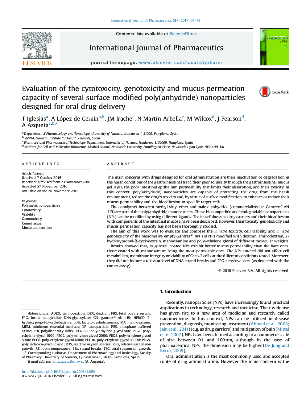 Evaluation of the cytotoxicity, genotoxicity and mucus permeation capacity of several surface modified poly(anhydride) nanoparticles designed for oral drug delivery