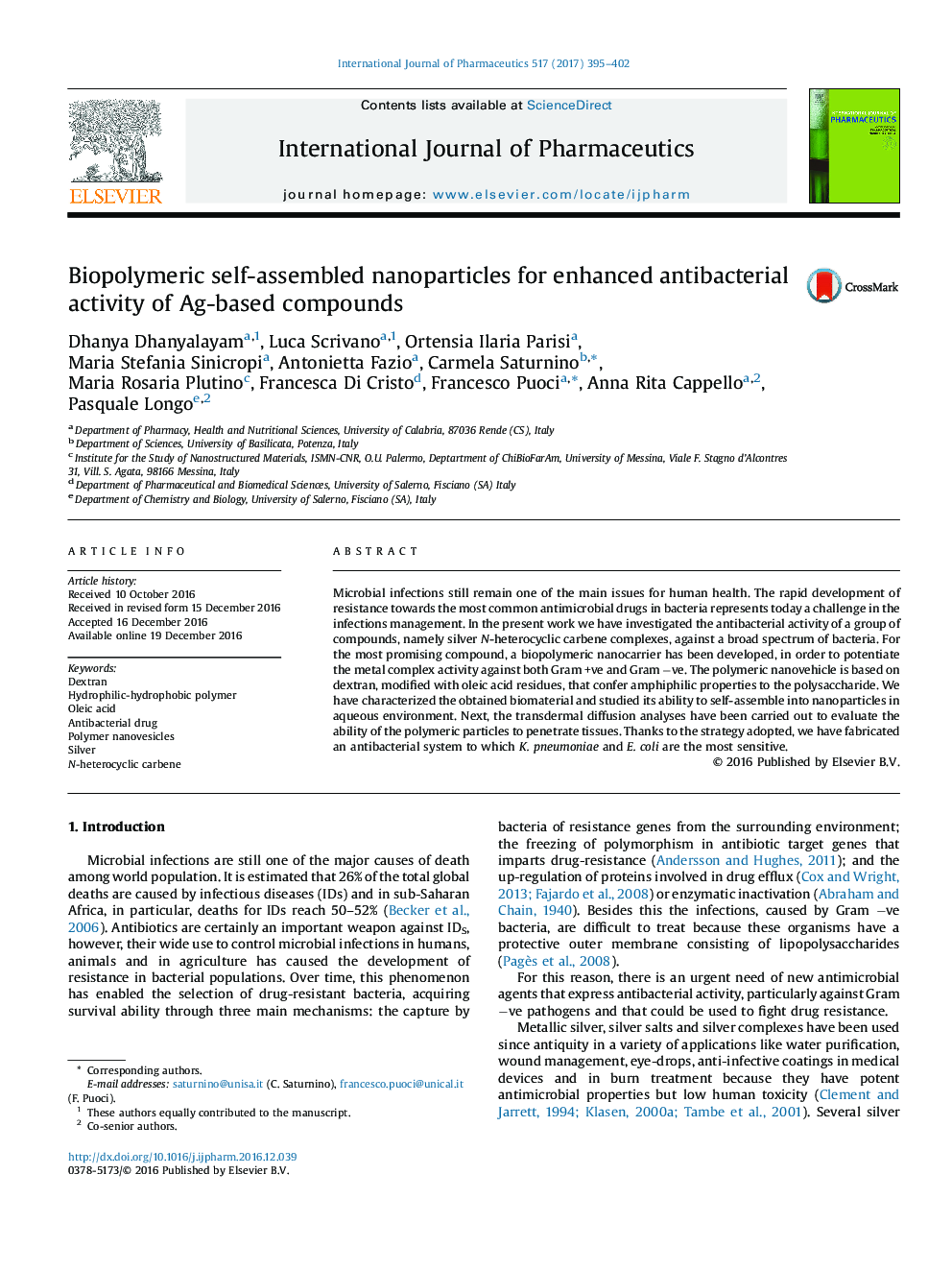 Biopolymeric self-assembled nanoparticles for enhanced antibacterial activity of Ag-based compounds