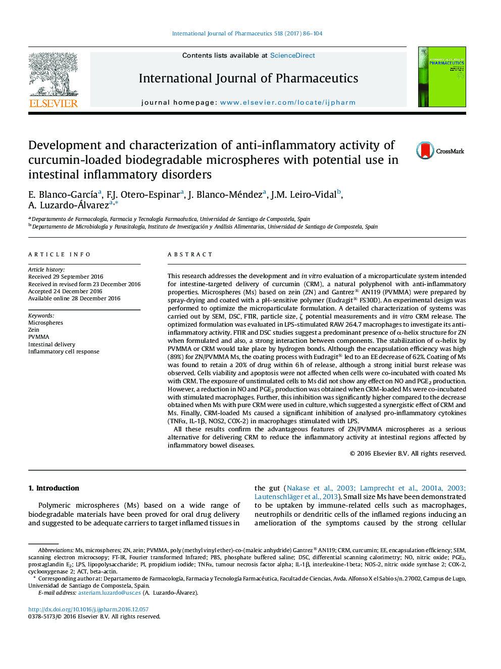 Development and characterization of anti-inflammatory activity of curcumin-loaded biodegradable microspheres with potential use in intestinal inflammatory disorders