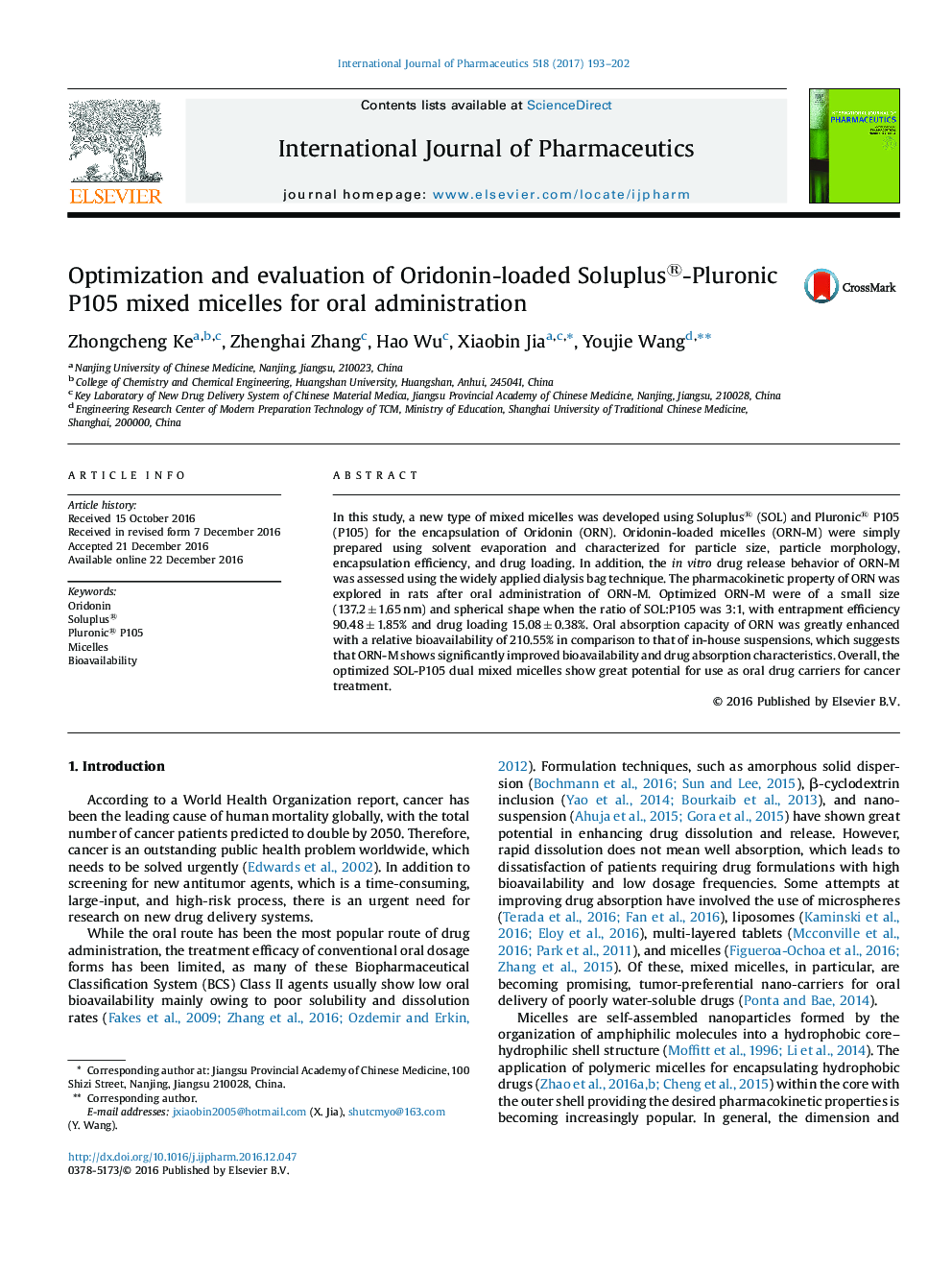 Optimization and evaluation of Oridonin-loaded Soluplus®-Pluronic P105 mixed micelles for oral administration