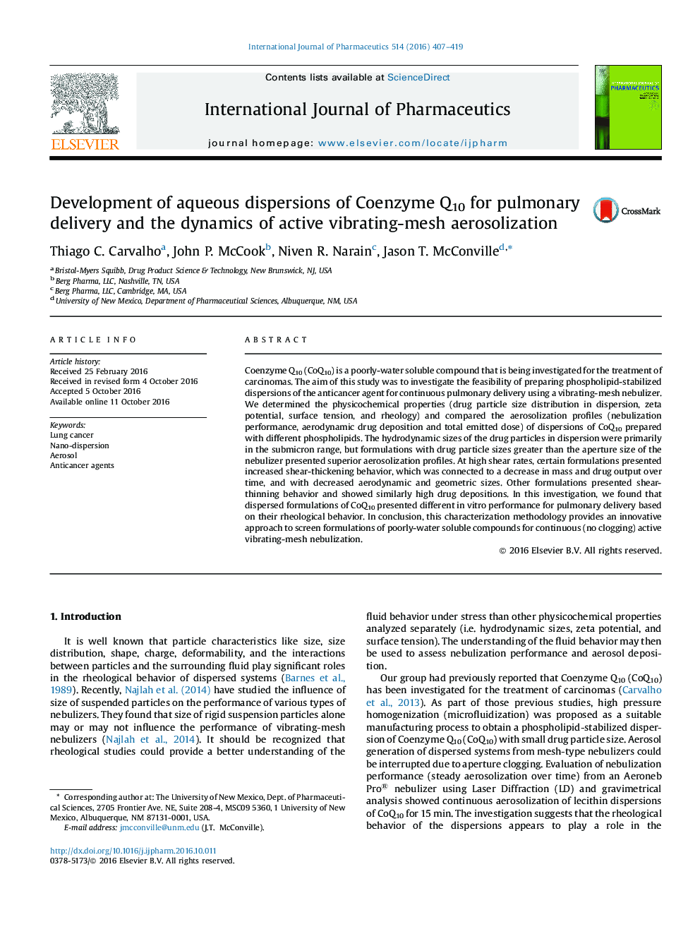 Development of aqueous dispersions of Coenzyme Q10 for pulmonary delivery and the dynamics of active vibrating-mesh aerosolization