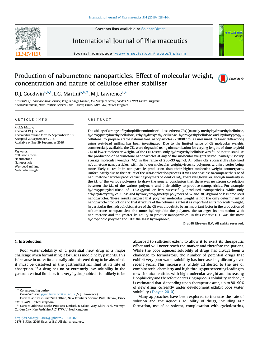 Production of nabumetone nanoparticles: Effect of molecular weight, concentration and nature of cellulose ether stabiliser