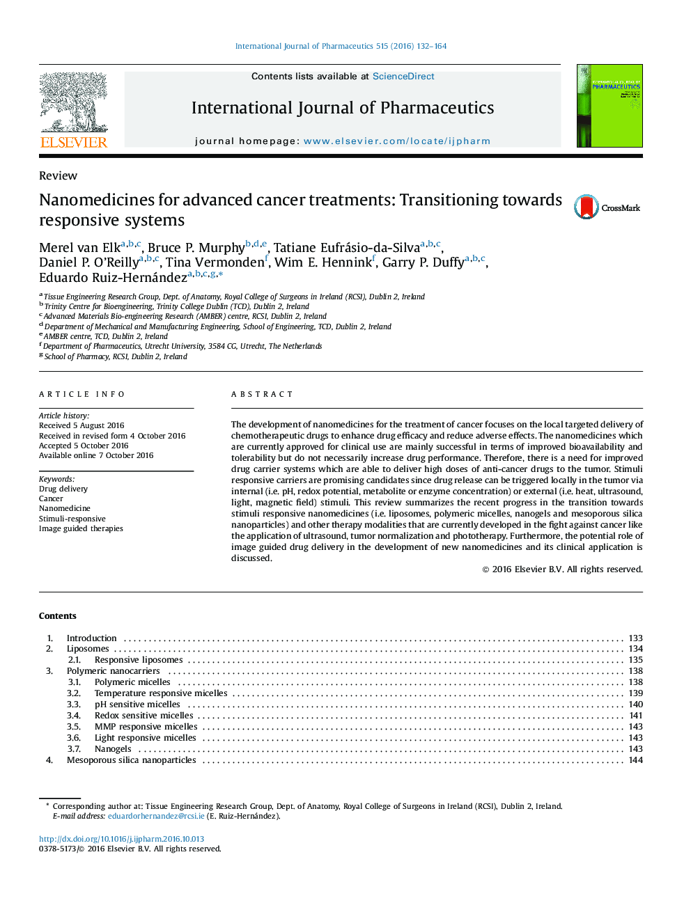 عکس صفحه اول مقاله: Nanomedicines for advanced cancer treatments: Transitioning towards responsive systems Nanomedicines for advanced cancer treatments: Transitioning towards responsive systems